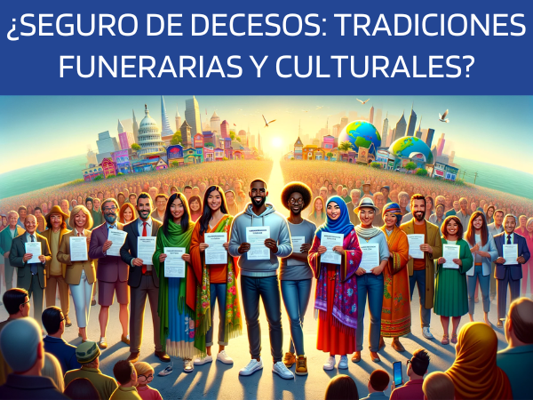 Imagen panorámica hiperrealista con un toque de animación al estilo Pixar, que muestra un grupo diverso de 6 ó 7 personas de diferentes razas, culturas, religiones y orígenes. Cada persona sostiene un contrato de póliza de seguros. El escenario es vibrante e inclusivo, reflejando una armonía de diversidad y unidad. Las personas están retratadas de forma que resaltan sus atuendos culturales, símbolos o vestimentas religiosas únicos, aunque todas están unidas por el tema común de sostener los contratos de seguros. El ambiente es positivo y acogedor, y pone de relieve un sentimiento global de comunidad y respeto mutuo. Incluya una sutil y artística representación de la URL "https://www.segurodedefuncion.com/" en la esquina inferior de la imagen, combinándola a la perfección con el tema inclusivo y diverso de la ilustración.