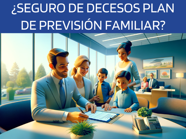 Imagen panorámica hiperrealista con un toque de animación al estilo Pixar, que representa a un atractivo cliente en una compañía de seguros, firmando una nueva póliza, acompañado por su mujer y sus hijos. La escena se desarrolla en una oficina de seguros agradable y profesional. La familia aparece feliz y contenta, simbolizando la seguridad y la unidad familiar. El entorno de la oficina es moderno y acogedor, con colores vivos y mobiliario confortable, que transmite una sensación de confianza y atención. El atractivo cliente está concentrado en la firma de los documentos, mientras su familia le observa, comprensiva y comprometida. Incluya una sutil y artística representación de la URL "https://www.segurodedefuncion.com/" en la esquina inferior de la imagen, que se mezcle a la perfección con el ambiente cálido y familiar de la escena.