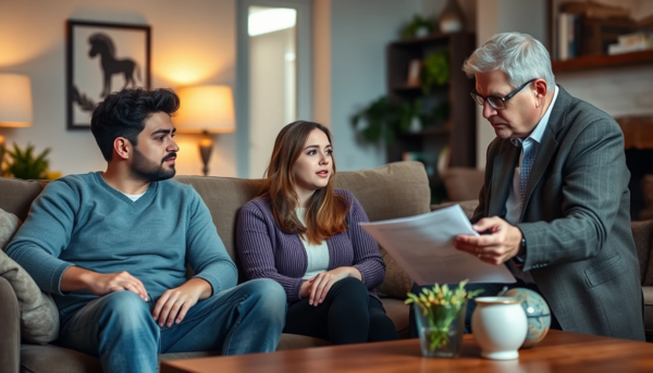 ¿Qué es un seguro de decesos?
Una pareja joven, sentada en su acogedora sala de estar, rodeada de una iluminación cálida y muebles cómodos, está enfrascada en una conversación seria con un agente de seguros de mediana edad, que está de pie junto a la mesa de café, explicándoles los detalles de una póliza de seguro de vida, mientras escuchan atentamente, con sus rostros llenos de una mezcla de curiosidad y preocupación.