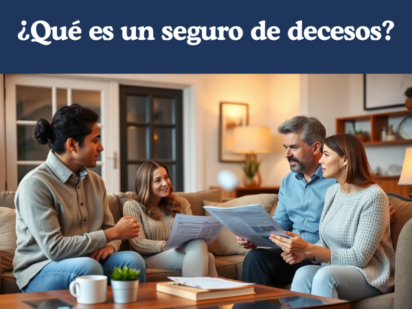 ¿Qué es un seguro de decesos? Una pareja joven, sentada en su acogedora sala de estar, rodeada de una iluminación cálida y muebles cómodos, está enfrascada en una conversación seria con un agente de seguros de mediana edad, que está de pie junto a la mesa de café, explicándoles los detalles de una póliza de seguro de vida, mientras escuchan atentamente, con sus rostros llenos de una mezcla de curiosidad y preocupación.