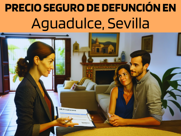 Imagen realista y panorámica al estilo Pixar que muestra a una atractiva y honesta agente de seguros de 35 años, con rasgos andaluces, explicando una póliza de seguro de decesos y entregando un presupuesto a una atractiva pareja de unos 36 años, también con rasgos andaluces. Están en su acogedora casa de Aguadulce, Sevilla, España. La casa está cálidamente iluminada y decorada con un estilo que refleja la vibrante cultura de Andalucía, con mobiliario confortable y arte local. El agente, haciendo gala de profesionalidad y empatía, presenta un documento en el que la URL https://www.segurodedefuncion.com/ es sutilmente visible. La pareja aparece comprometida y pensativa, en un momento de toma de decisiones importantes dentro de la acogedora atmósfera de su hogar.
