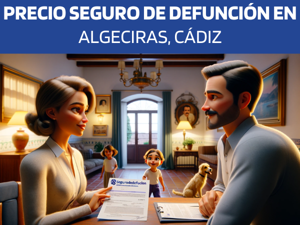 Imagen realista y panorámica al estilo Pixar que muestra a una atractiva y honesta agente de seguros de 37 años, con rasgos andaluces, explicando una póliza de seguros de decesos y entregando un presupuesto a una atractiva pareja de unos 31 años, también con rasgos andaluces, en su casa de Algeciras, Cádiz. La habitación está decorada con calidez, reflejando un ambiente hogareño andaluz. Al fondo, la hija de la pareja, de 5 años, juega con un cachorro, añadiendo un toque alegre y cariñoso a la escena. El agente muestra un documento en el que se destaca la URL https://www.segurodedefuncion.com/. La imagen transmite profesionalidad, confianza y calidez familiar.
