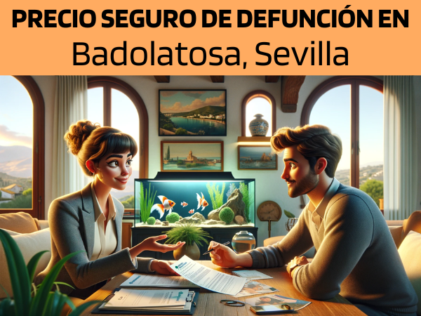 Imagen realista de pantalla panorámica al estilo Pixar que muestra a una atractiva y honesta agente de seguros de 30 años, con rasgos andaluces, explicando una póliza de seguro de decesos y entregando un presupuesto a una atractiva pareja de unos 36 años, también con rasgos andaluces. Están en su acogedora casa de Badolatosa, Sevilla, España, cerca de su exótica pecera, que añade un elemento vibrante y tranquilo a la escena. El escenario es cálido y acogedor, y muestra un espacio vital decorado con elementos que reflejan la cultura local y la belleza de Andalucía. El agente, haciendo gala de profesionalidad y sinceridad, presenta un documento que incluye sutilmente la URL https://www.segurodedefuncion.com/. La pareja aparece comprometida y reflexiva, en un momento importante de toma de decisiones, rodeada de la comodidad de su hogar y la belleza de sus mascotas acuáticas.