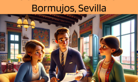 Imagen realista y panorámica al estilo Pixar que representa a un atractivo y honesto agente de seguros de 31 años y rasgos andaluces, elegido al azar. El agente está explicando una póliza de seguros de decesos y entregando un presupuesto a una atractiva pareja de unos 36 años, también con rasgos andaluces. Están en su acogedora casa de Bormujos, Sevilla, España, con su adorable abuela presente, lo que añade un cálido ambiente familiar a la escena. La casa está decorada de forma que refleja la vibrante cultura de Andalucía, con coloridos tejidos y decoración tradicional. El agente, haciendo gala de profesionalidad y empatía, presenta un documento con la URL https://www.segurodedefuncion.com/ sutilmente incluida. La pareja, junto con la abuela, aparece comprometida y reflexiva, creando un momento de toma de decisiones familiares significativas con su rico patrimonio cultural como telón de fondo.