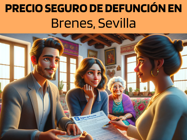 Imagen realista y panorámica al estilo Pixar que representa a un atractivo y honesto agente de seguros de 31 años y rasgos andaluces, elegido al azar. El agente está explicando una póliza de seguro de decesos y entregando un presupuesto a una atractiva pareja de unos 36 años, también con rasgos andaluces. Están en su acogedora casa de Brenes, Sevilla, España, con su adorable abuela presente, lo que añade un cálido ambiente familiar a la escena. La casa está decorada de forma que refleja la vibrante cultura de Andalucía, con coloridos tejidos y decoración tradicional. El agente, haciendo gala de profesionalidad y empatía, presenta un documento con la URL https://www.segurodedefuncion.com/ sutilmente incluida. La pareja, junto con la abuela, aparece comprometida y reflexiva, creando un momento de toma de decisiones familiares significativas con su rico patrimonio cultural como telón de fondo.