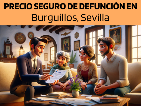 Imagen realista de pantalla panorámica al estilo Pixar que muestra a un atractivo y honesto agente de seguros, elegido al azar entre hombre o mujer, de unos 31 años y rasgos andaluces, explicando una póliza de seguro de decesos y entregando un presupuesto a una atractiva pareja de unos 36 años, también de rasgos andaluces. Están en su acogedora casa de Burguillos, Sevilla, España, rodeados de sus adorables abuelos. El entorno destila calidez y el rico patrimonio cultural de Andalucía, con un confortable espacio vital acogedor y lleno de decoración tradicional. El agente, haciendo gala de profesionalidad y sinceridad, presenta un documento con la URL https://www.segurodedefuncion.com/ sutilmente incluida. La familia, incluidos los abuelos, aparece comprometida y contenta, creando una escena de unidad familiar y toma de decisiones importantes.