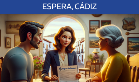 Imagen realista y panorámica al estilo Pixar que muestra a una atractiva y honesta agente de seguros de 35 años, con rasgos distintivos andaluces, explicando una póliza de seguros de decesos y entregando un presupuesto a una atractiva pareja, también con rasgos andaluces, de unos 40 años. Están en su casa de Espera, Cádiz. El escenario es un salón acogedor y bien decorado que refleja el ambiente cultural de Andalucía, con tonos cálidos y decoración local. El agente muestra un documento en el que se ve claramente la URL https://www.segurodedefuncion.com/. La escena capta un momento de confianza y profesionalidad, con la pareja mostrándose comprometida e interesada en la información que se le presenta, todo ello enmarcado en el pintoresco contexto andaluz.