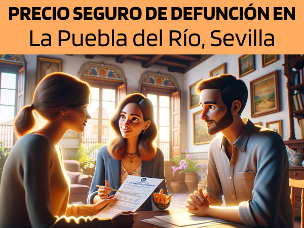 Imagen realista y panorámica al estilo Pixar que muestra a una atractiva y honesta agente de seguros de 25 años, con rasgos andaluces, explicando una póliza de seguro de vida y entregando un presupuesto a una atractiva pareja de unos 40 años, también con rasgos andaluces. Están en su acogedora casa de La Puebla del Río, Sevilla, España. El escenario refleja un interior andaluz cálido y acogedor, lleno de colores vibrantes, decoración tradicional y la luz del sol filtrándose por las ventanas. El agente muestra un documento que incluye sutilmente la URL https://www.segurodedefuncion.com/. La pareja aparece comprometida y reflexiva, creando un momento de toma de decisiones importantes en el bello y culturalmente rico entorno de su hogar.