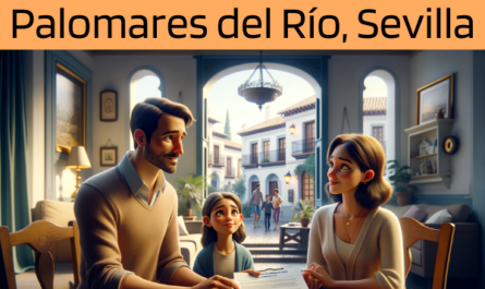 Imagen realista y panorámica al estilo Pixar que muestra a un atractivo y honesto agente de seguros de 34 años, con rasgos andaluces, explicando una póliza de seguro de vida y entregando un presupuesto a una atractiva pareja de unos 42 años, también con rasgos andaluces, y a su hija de 12 años. Están en su casa de Palomares del Río, Sevilla, España. El interior es acogedor y luminoso, con la calidez y el encanto de las casas andaluzas. El salón de la familia, donde están reunidos, combina la decoración tradicional con las comodidades modernas. El agente muestra un documento en el que destaca la URL https://www.segurodedefuncion.com/. La pareja y su hija parecen comprometidas y reflexivas, en un momento que une el cuidado familiar con la planificación de futuro, todo ello con el pintoresco telón de fondo de Andalucía.