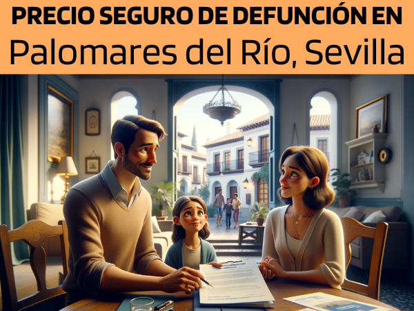 Imagen realista y panorámica al estilo Pixar que muestra a un atractivo y honesto agente de seguros de 34 años, con rasgos andaluces, explicando una póliza de seguro de vida y entregando un presupuesto a una atractiva pareja de unos 42 años, también con rasgos andaluces, y a su hija de 12 años. Están en su casa de Palomares del Río, Sevilla, España. El interior es acogedor y luminoso, con la calidez y el encanto de las casas andaluzas. El salón de la familia, donde están reunidos, combina la decoración tradicional con las comodidades modernas. El agente muestra un documento en el que destaca la URL https://www.segurodedefuncion.com/. La pareja y su hija parecen comprometidas y reflexivas, en un momento que une el cuidado familiar con la planificación de futuro, todo ello con el pintoresco telón de fondo de Andalucía.