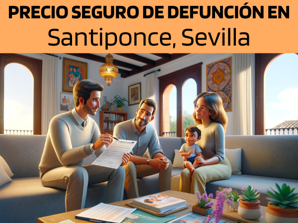 Imagen realista y panorámica al estilo Pixar que muestra a un atractivo y honesto agente de seguros de 40 años, con rasgos andaluces, explicando una póliza de seguro de vida y entregando un presupuesto a una atractiva pareja joven de unos 30 años, también con rasgos andaluces, que tiene un bebé de 2 años. Están en su casa de Santiponce, Sevilla, España. El ambiente es acogedor y familiar, con un salón que combina el confort moderno con la decoración tradicional andaluza, incluyendo colores y motivos vibrantes. La escena capta un momento de atención y consideración, en el que el agente muestra un documento en el que aparece la URL https://www.segurodedefuncion.com/. La familia se muestra comprometida y receptiva, destacando la importancia de planificar el futuro en medio de la calidez y el amor de su hogar.
