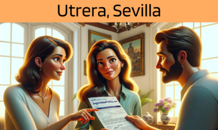 Imagen realista de pantalla panorámica al estilo Pixar que muestra a una atractiva y honesta agente de seguros de 40 años, con rasgos andaluces, explicando una póliza de seguro de vida y entregando un presupuesto a una atractiva pareja de unos 44 años, también con rasgos andaluces. Están en su casa de Utrera, Sevilla, España. El entorno es una encarnación del encanto andaluz, con una vivienda que combina la decoración tradicional y el confort moderno, reflejando el ambiente soleado y vibrante de la región. El agente, haciendo gala de profesionalidad y cordialidad, muestra un documento en el que destaca la URL https://www.segurodedefuncion.com/. La pareja aparece comprometida y pensativa, en una escena que capta la importancia de hablar de planes de futuro en medio de la belleza y la cultura de Andalucía.