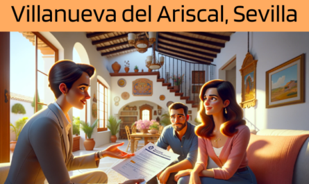 Imagen realista y panorámica al estilo Pixar que muestra a un atractivo y honesto agente de seguros de 31 años, con rasgos andaluces, explicando una póliza de seguro de vida y entregando un presupuesto a una atractiva pareja de unos 40 años, también con rasgos andaluces, y a su hijo de 8 años. Están en su casa de Pilas, Sevilla, España. El escenario es un salón acogedor y cálidamente iluminado, que refleja la riqueza cultural de Andalucía con una decoración tradicional y comodidades modernas. El hijo escucha atentamente, añadiendo a la escena un ambiente familiar. El agente, mostrando profesionalidad y un comportamiento amable, presenta un documento en el que aparece la URL https://www.segurodedefuncion.com/. La familia aparece atenta y reflexiva, encapsulando un momento de cuidadosa consideración y planificación familiar en el pintoresco entorno de Andalucía.