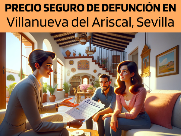 Imagen realista y panorámica al estilo Pixar que muestra a un atractivo y honesto agente de seguros de 31 años, con rasgos andaluces, explicando una póliza de seguro de vida y entregando un presupuesto a una atractiva pareja de unos 40 años, también con rasgos andaluces, y a su hijo de 8 años. Están en su casa de Pilas, Sevilla, España. El escenario es un salón acogedor y cálidamente iluminado, que refleja la riqueza cultural de Andalucía con una decoración tradicional y comodidades modernas. El hijo escucha atentamente, añadiendo a la escena un ambiente familiar. El agente, mostrando profesionalidad y un comportamiento amable, presenta un documento en el que aparece la URL https://www.segurodedefuncion.com/. La familia aparece atenta y reflexiva, encapsulando un momento de cuidadosa consideración y planificación familiar en el pintoresco entorno de Andalucía.