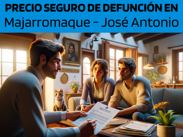 Una imagen hiperrealista y panorámica al estilo Pixar que muestra a un atractivo y honesto agente de seguros de entre 28 y 37 años, con rasgos andaluces, explicando una póliza de seguro de vida y entregando un presupuesto a una atractiva pareja de entre 30 y 50 años, también con Rasgos andaluces. Se encuentran en su acogedora casa en Majarromaque - José Antonio, una pedanía de Jerez de la Frontera, Cádiz, acompañados de su adorable gato. El entorno es cálido y acogedor, con detalles que capturan la esencia de un confortable hogar andaluz. El agente, haciendo gala de profesionalismo y empatía, está mostrando un documento donde se integra sutilmente la URL https://www.segurodedefuncion.com/. La pareja aparece comprometida y pensativa, tomando una decisión importante, en una escena que combina la belleza de la vida cotidiana con el encanto de la cultura andaluza.