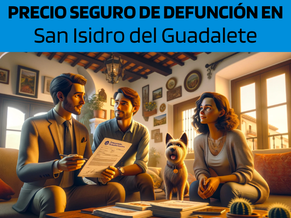 Una imagen hiperrealista y panorámica al estilo Pixar que muestra a un atractivo y honesto agente de seguros de entre 28 y 37 años, con rasgos andaluces, explicando una póliza de seguro de vida y entregando un presupuesto a una atractiva pareja de entre 30 y 50 años, también con antecedentes andaluces. características. Se encuentran en su acogedora casa de San Isidro del Guadalete, pedanía de Jerez de la Frontera, Cádiz, acompañados de su adorable perro. El entorno es cálido y captura la esencia de un hogar andaluz cómodo y acogedor, lleno de color y luz locales. El agente, haciendo gala de profesionalidad y calidez, presenta un documento con la URL https://www.segurodedefuncion.com/ sutilmente incluida. La pareja, comprometida y reflexiva, está tomando una decisión importante, en un escenario que combina la riqueza cultural con un toque personal, resaltado por la presencia de su mascota, que añade una capa de calidez y hogareño.